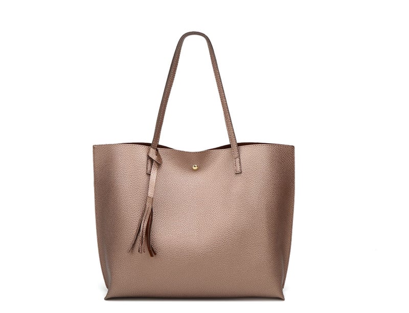 Dreubea Women's Soft Faux Leather Tote Shoulder Bag from, Big Capacity Tassel Handbag Bronze - Image 1